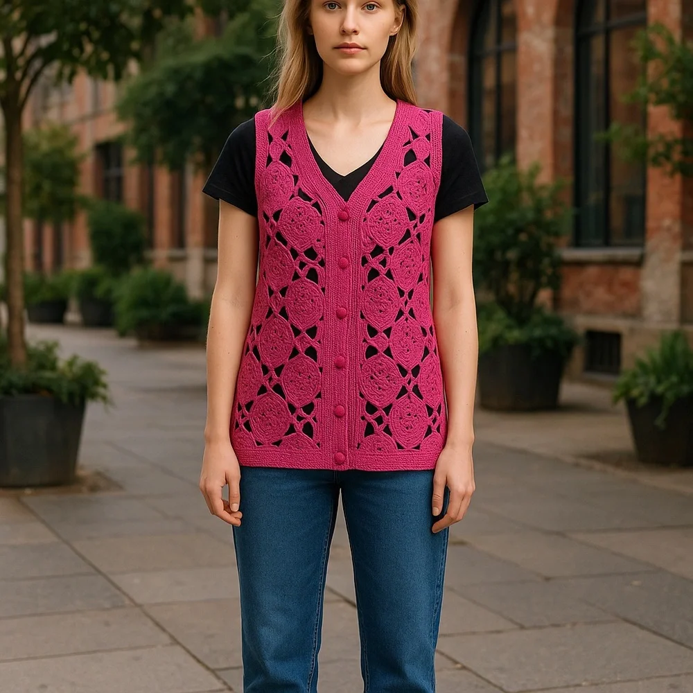 Pink Crochet Button-Up Vest size Medium - Picture 3 of 7
